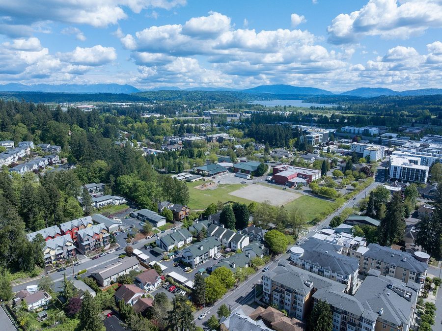 Aerial view of the Redmond neighborhood toward the mountains