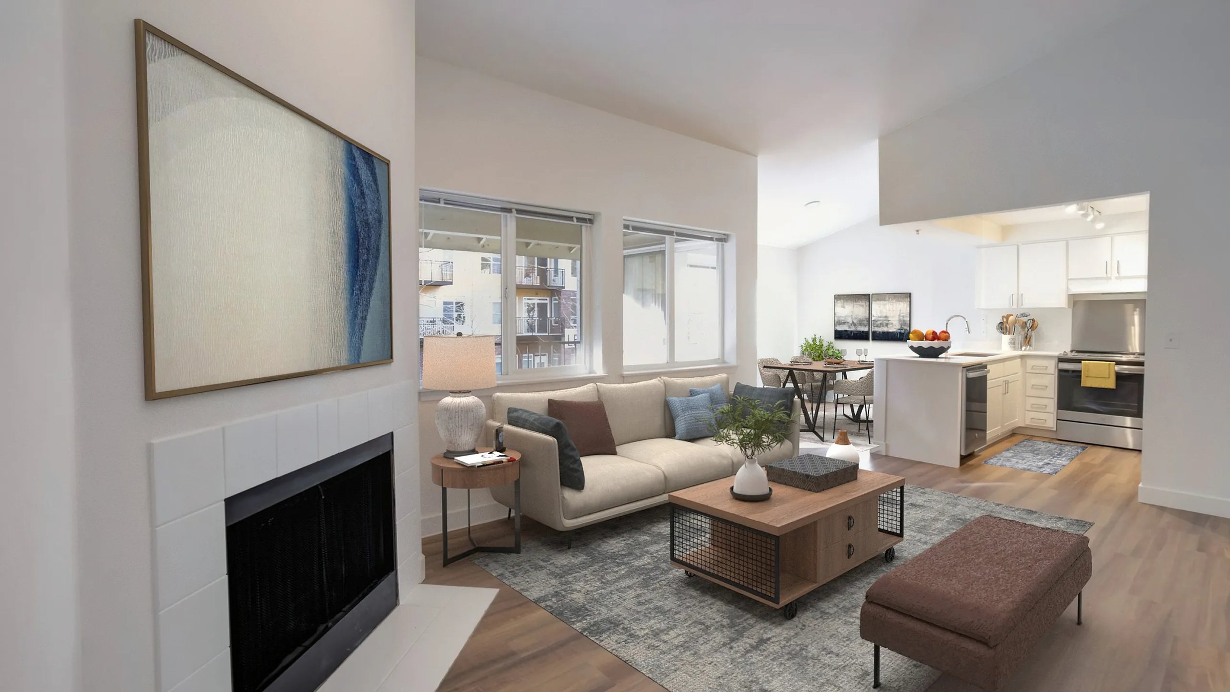 Living room with fireplace and vaulted ceiling